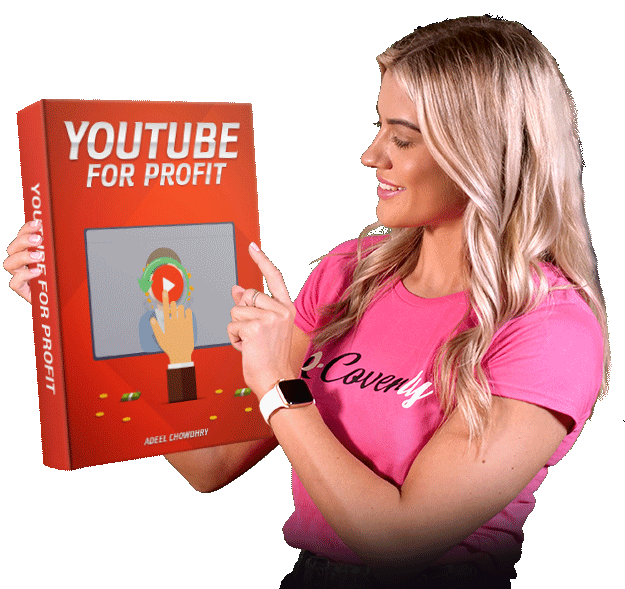 A woman in a pink shirt holds a large book titled 'YouTube for Profit' while pointing at a computer screen graphic on the cover.